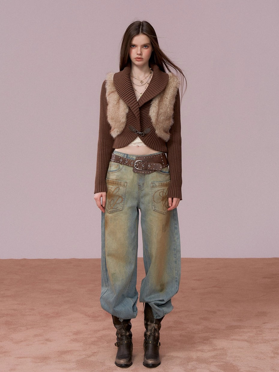 Faux Fur Panel Knitted Short Jacket