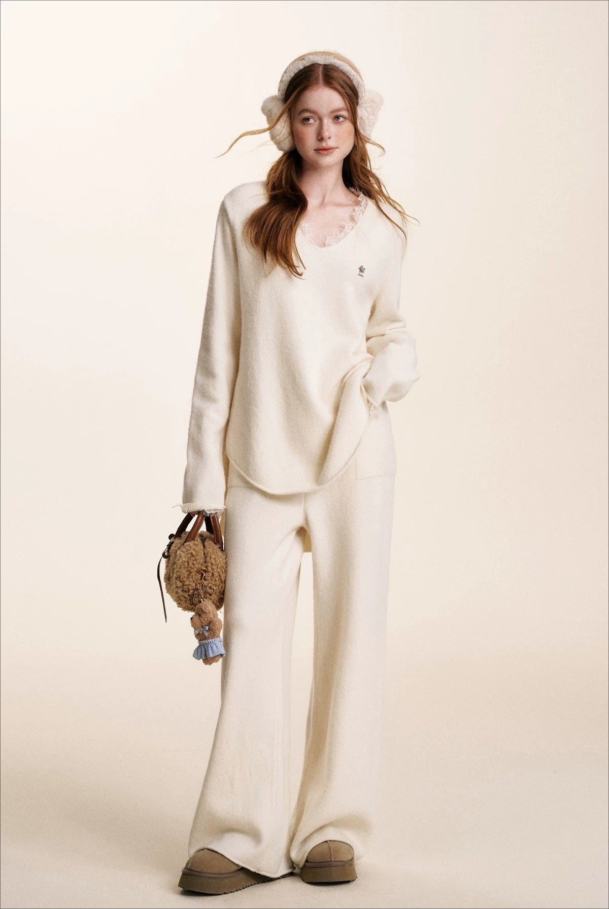 Cream V-Neck Knit Set