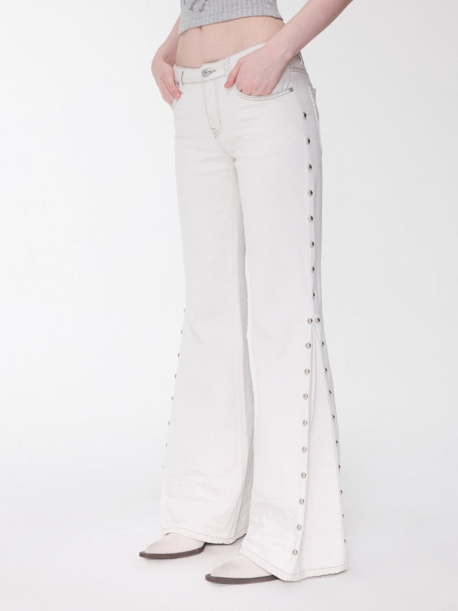 Studded Flared Denim Whisker Detailing Jeans