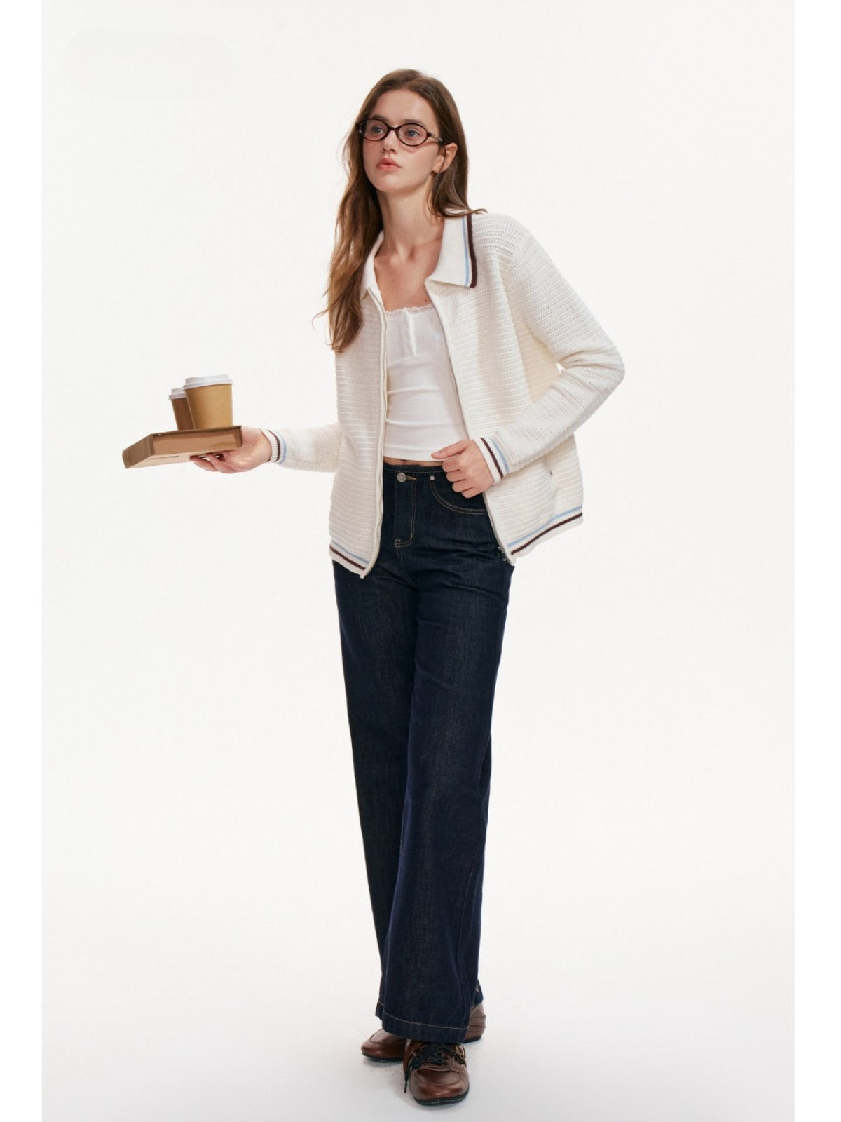 Contrast Stripe Cotton Zip Cardigan