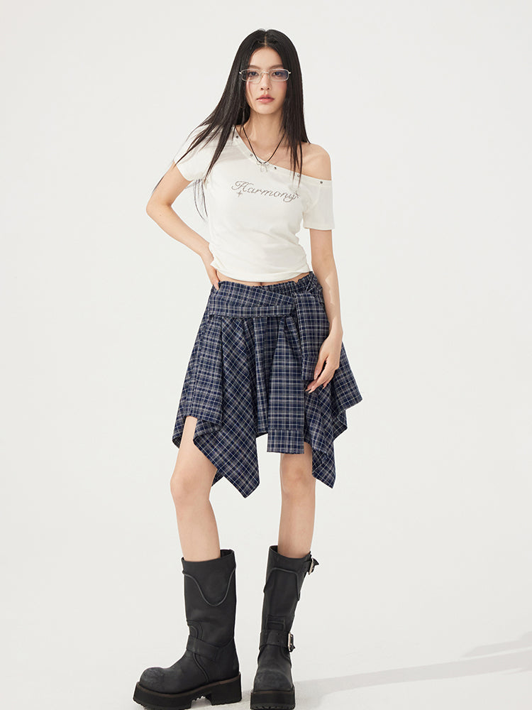 High-Elasticity Star-Studded Diagonal Shoulder T-Shirt
