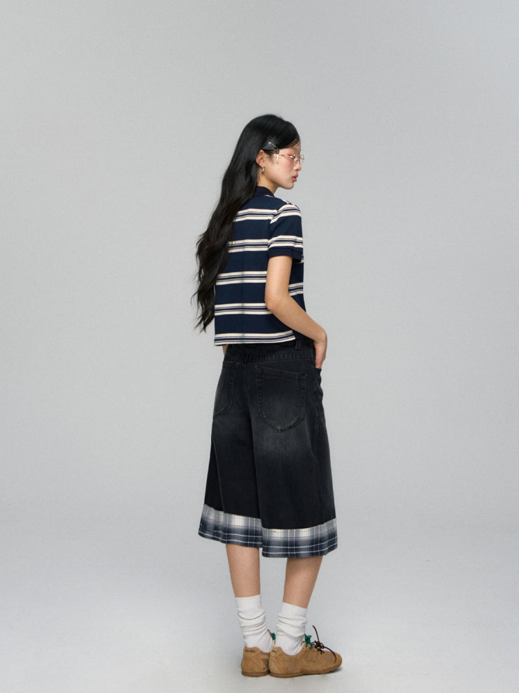 Polo-Collar Striped Color-Blocking T-shirt