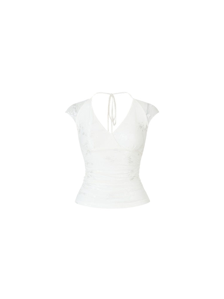 Mesh Jacquard Halter Lace Short-sleeve T-shirt