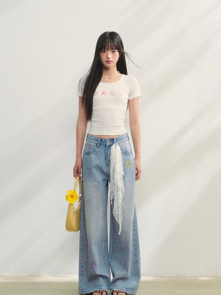 Crew Neck Printed Backless Embroidered T-Shirt