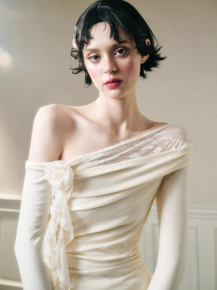 Lace Floral Asymmetrical Off-Shoulder Top & Skirt Set