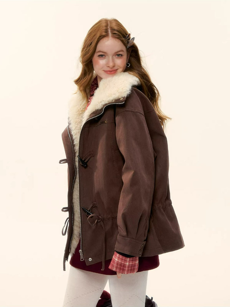 Faux Fur Collar Drawstring Loose Down Parka
