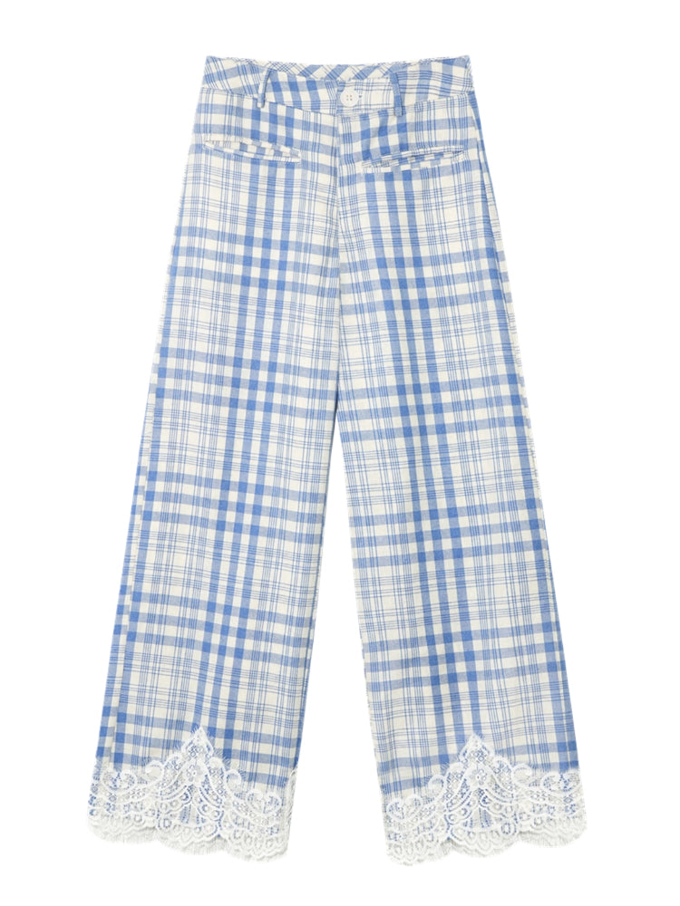Lace Panel Checked Straight-Leg Pants