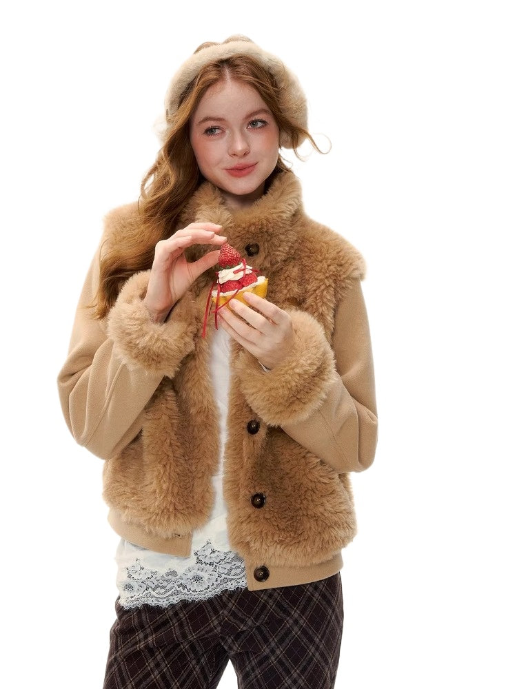 Eco-Faux Fur Knit Stand Collar Jacket