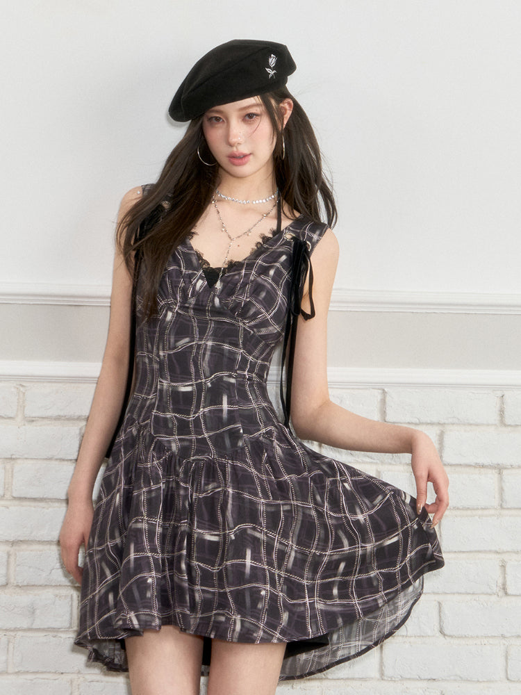 Tie-up Plaid Sleeveless Dress