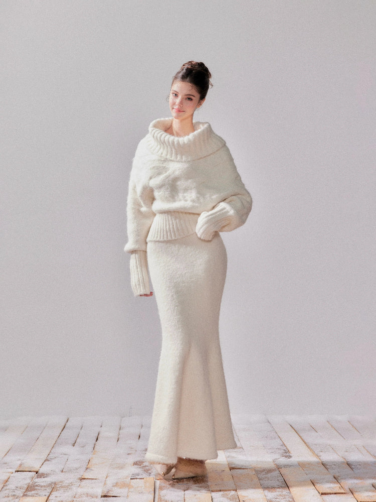 Oversized Turtleneck Off-Shoulder Sweater & Skirt Set