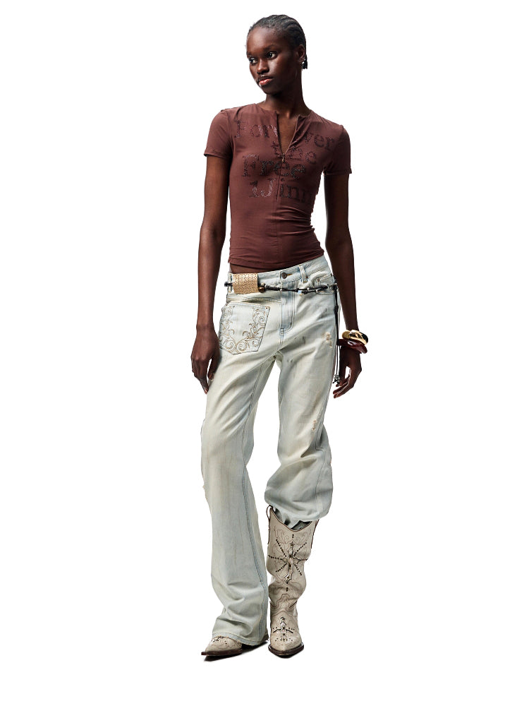 Light Blue Mud - Dyed Floral Embroidered Jeans