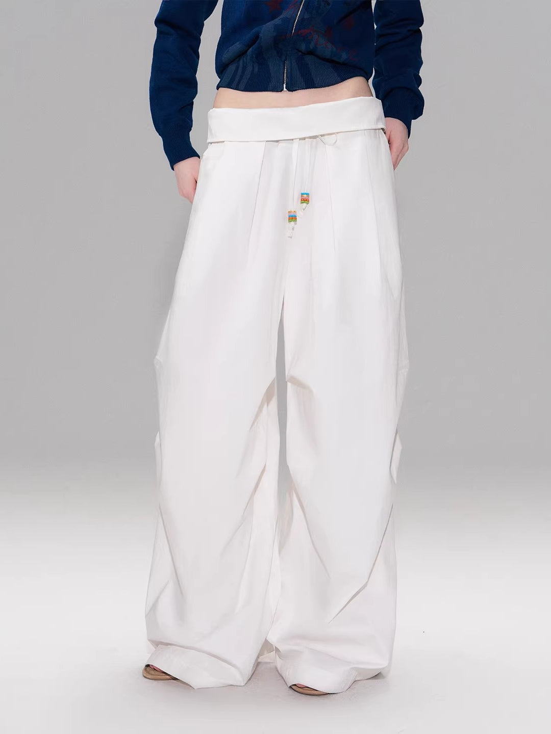 White Beaded Fold Waist Pants