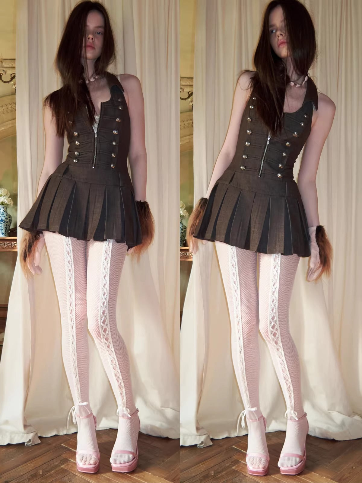 Open Back U-neck Pleated Dress