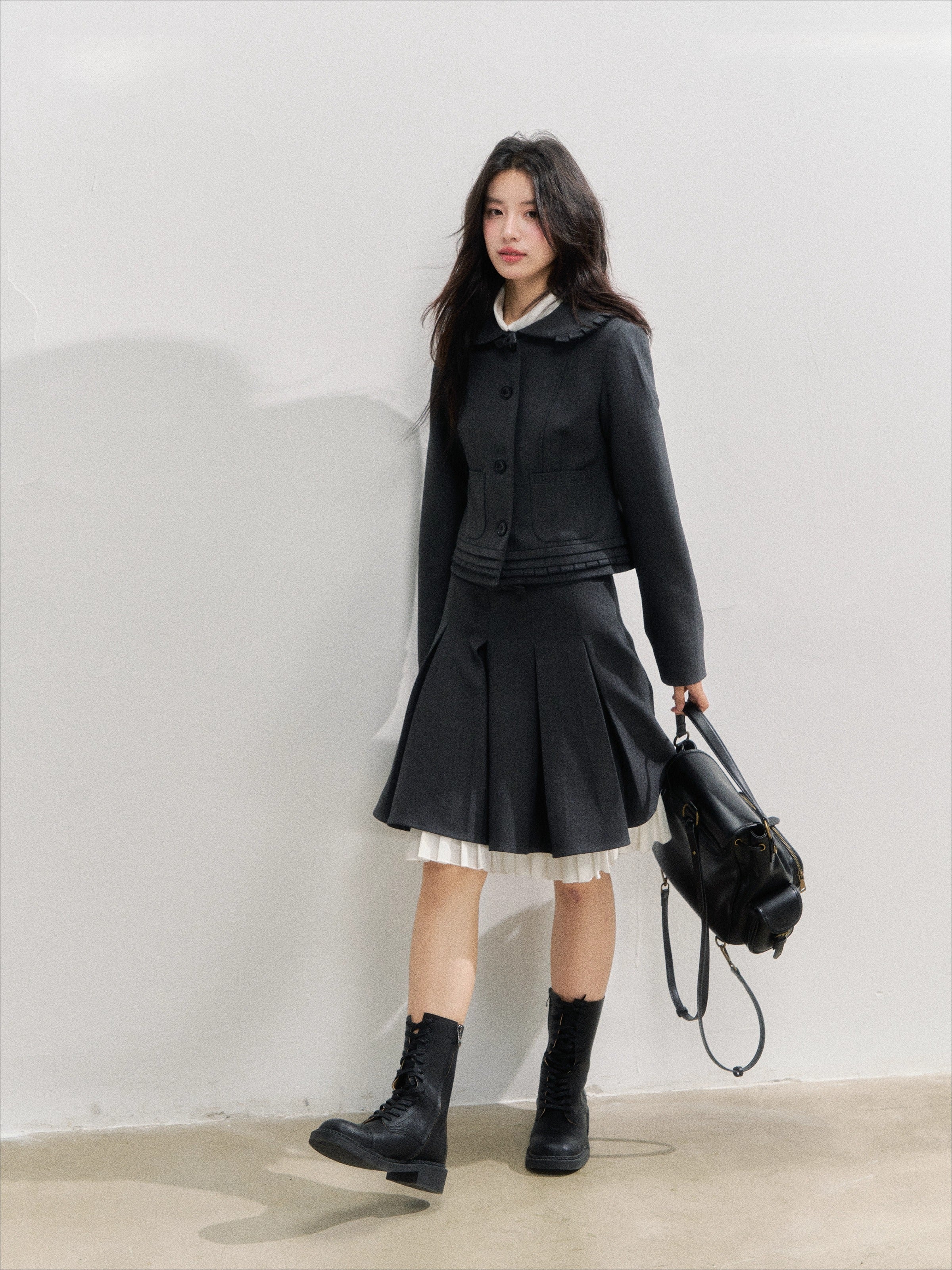Charcoal College Blazer & Pleated Skirt Set