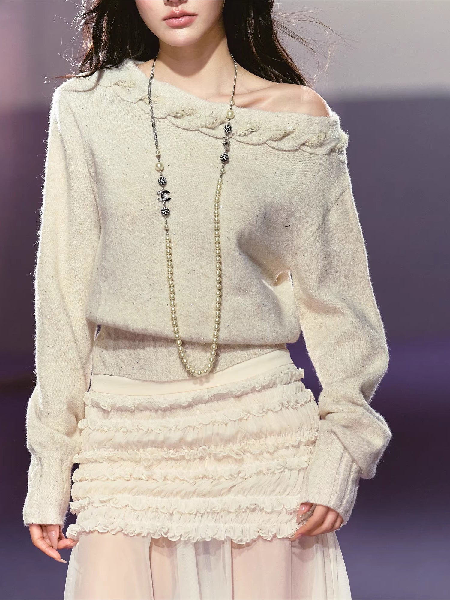 Apricot & Purple Cable Knit Off Shoulder Sweater