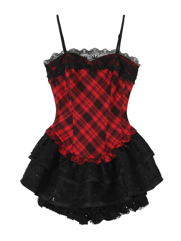 Red Plaid Lace Puff Dress Set