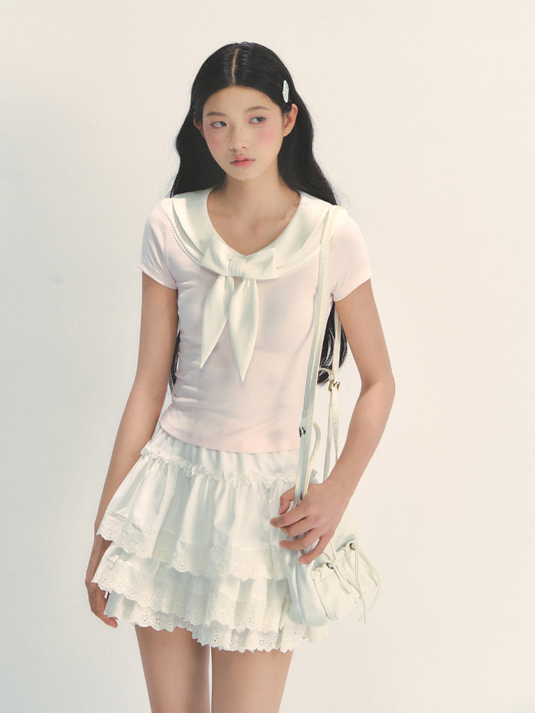 Bow-neck Contrast-color Skin Friendly Cotton T-shirt