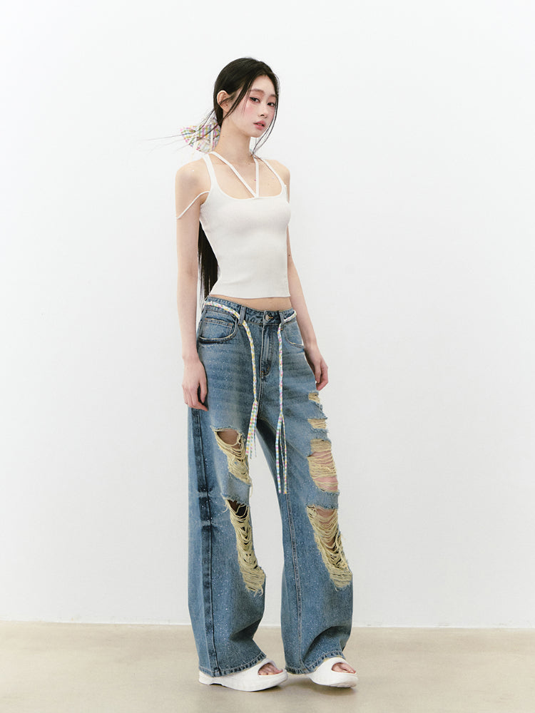 Blue Sparkly Ripped Jeans