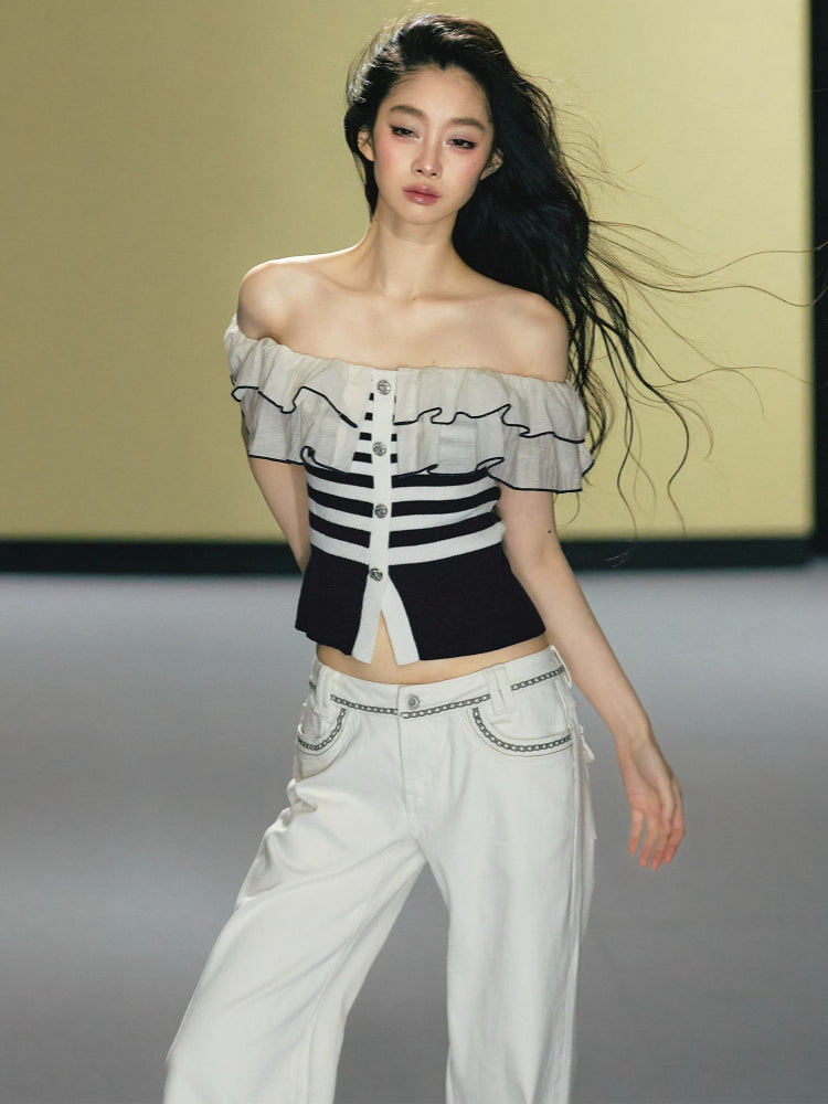 Ruffle Trim One Shoulder Knit Top