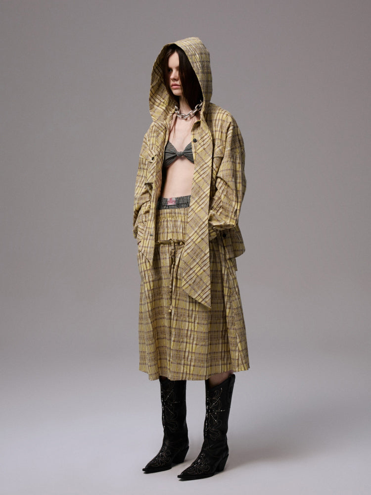 Plaid Hooded Shirt & Skirt & Pants Set