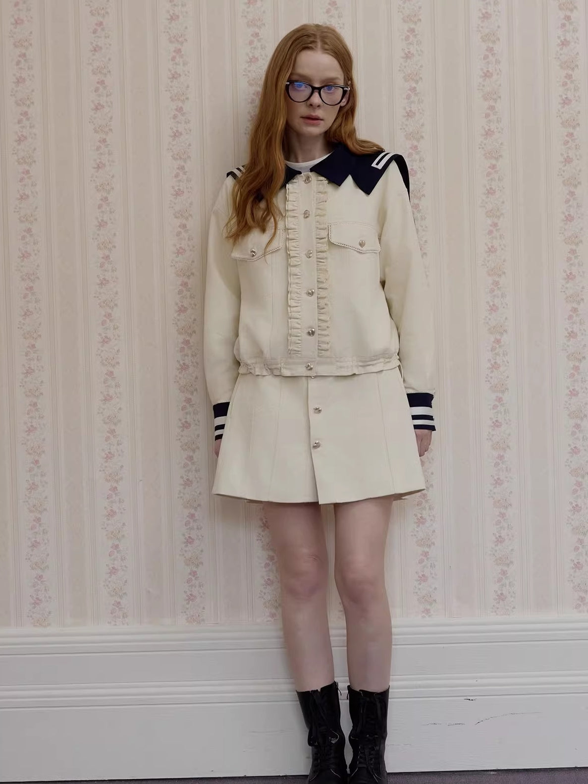 Naval Collar Vintage Stylish Jacket & Skirt Set