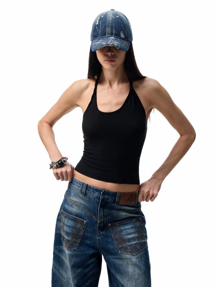 Vintage Wash Detachable Knife Denim Skirt Pants