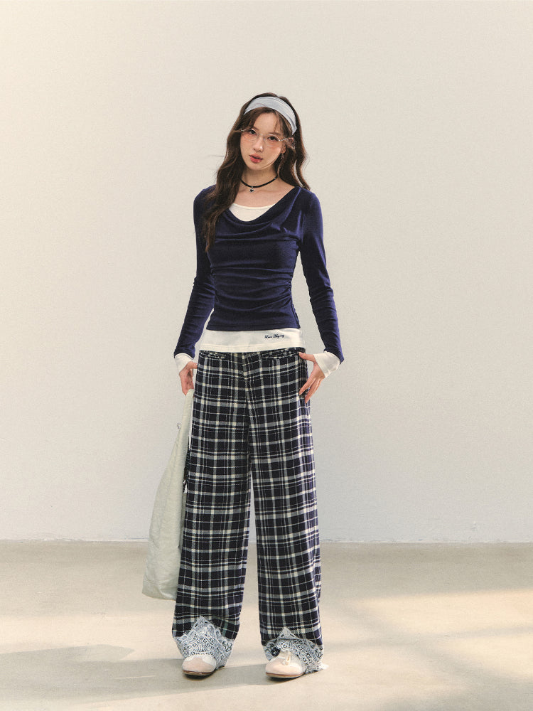 Dangle Collar Fake Two-Piece Color-Blocked Blouse