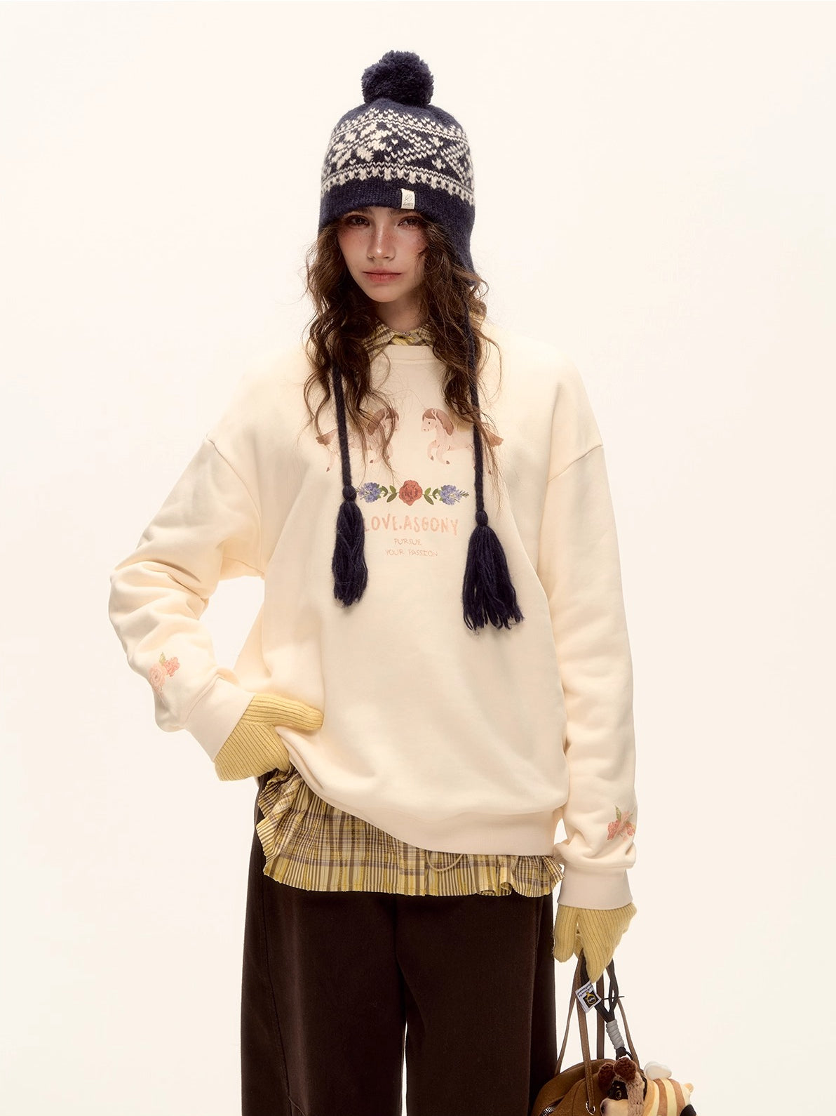 Floral Pony Print Fleece-Lined Pullover Sweatshirt