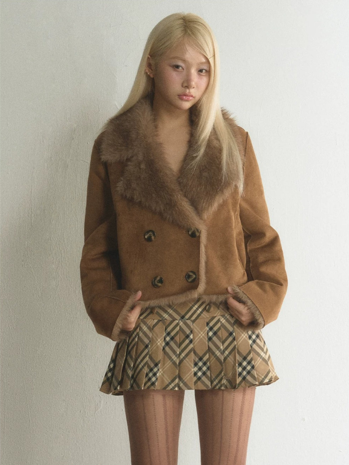 Double-Breasted Faux Suede Fur Jacket