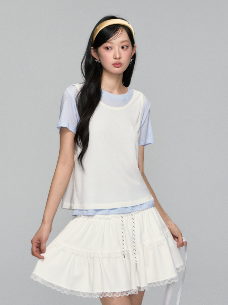 High-waisted Drawstring Lace-spliced Tiered Skirt