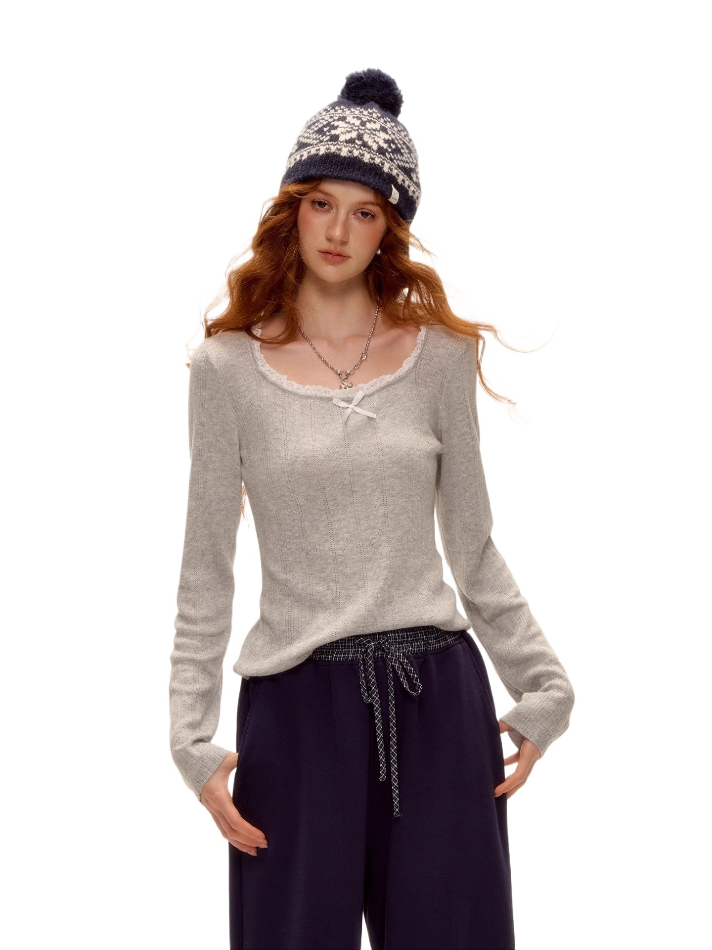 U-Neck Lace Bow Knit Top