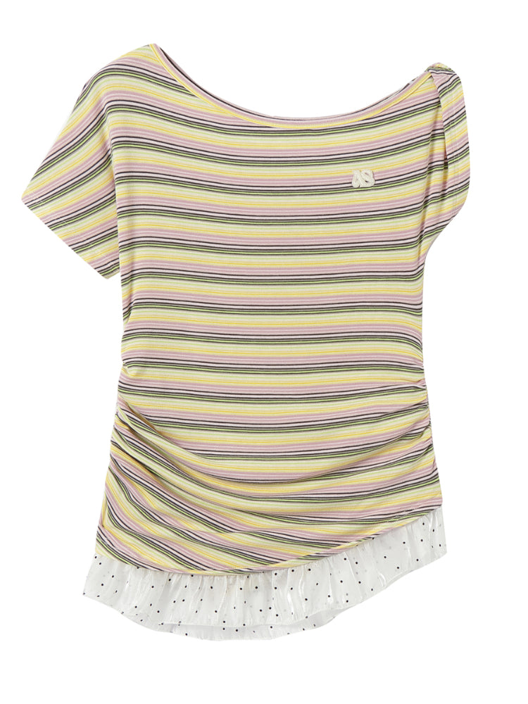 Striped Lace-Spliced Asymmetric-Shoulder T-shirt