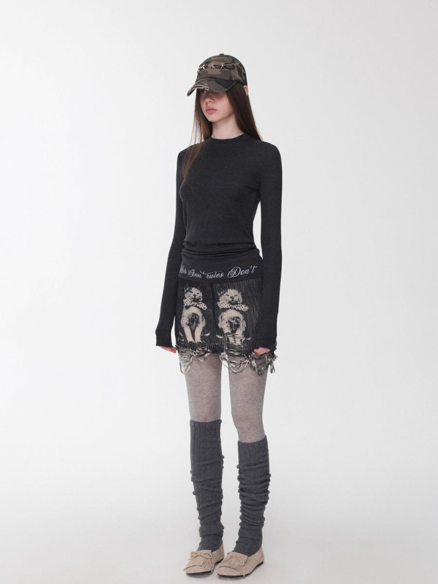 Basic Letter Print Semi-Sheer Long Sleeve Tee
