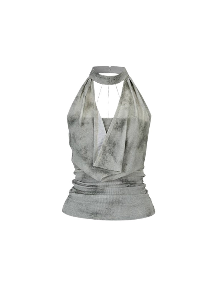 Chain Swing-neck Halter Neckline-gathered Waist Tank Top