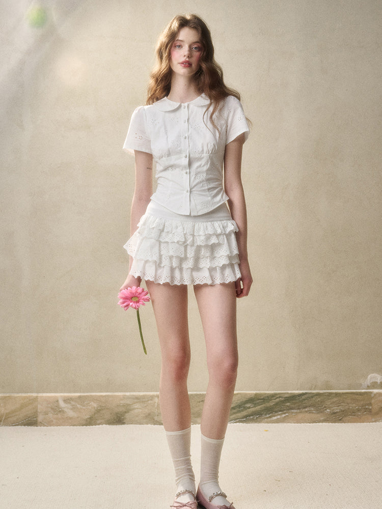 Embroidered Lace Waist Shirt & Skirt Set