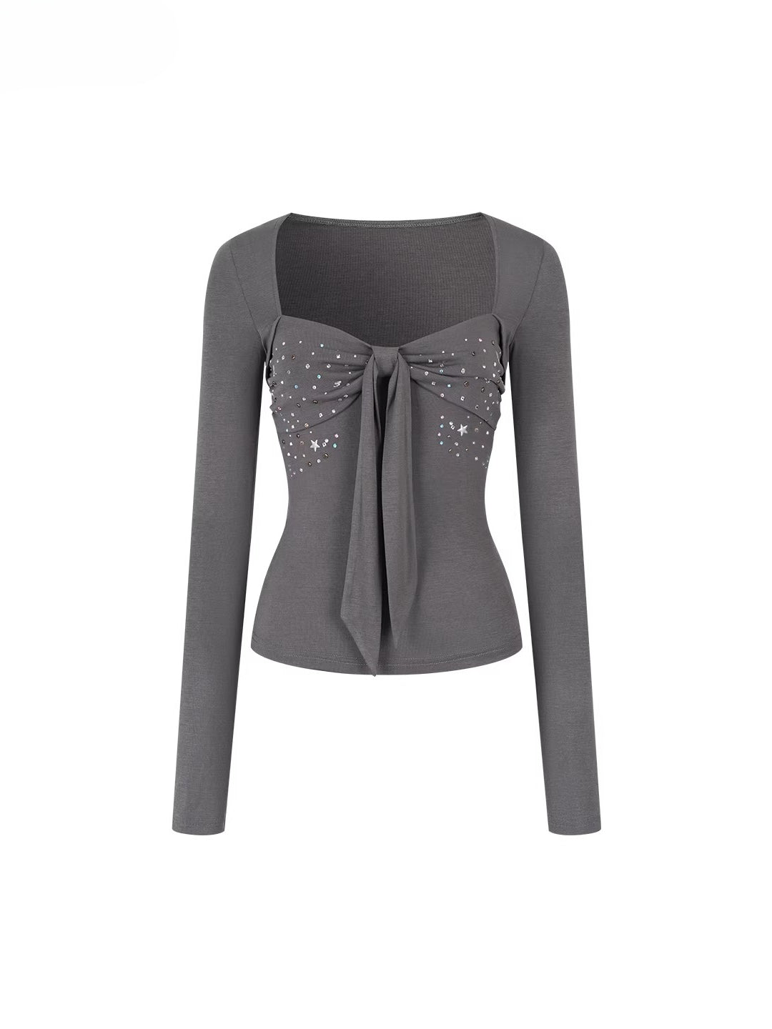 Bow Rhinestone U-neck Blouse