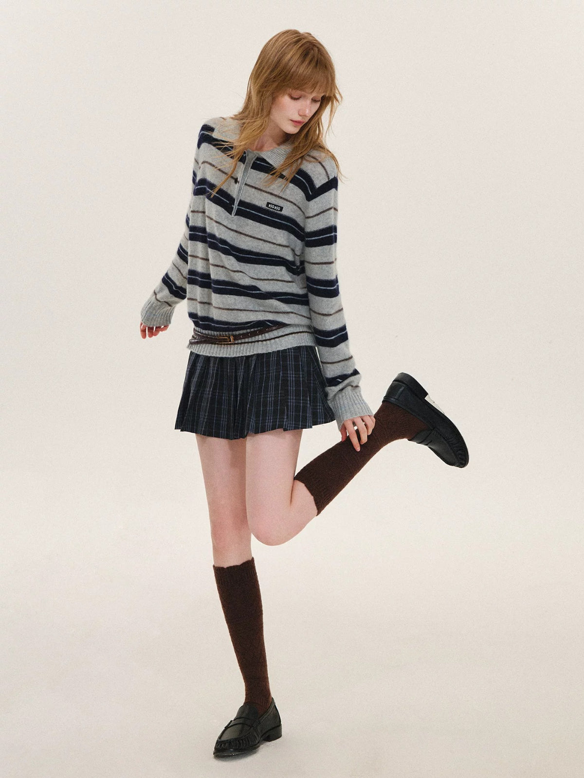 Contrast Waist Plaid Pleated Skirt