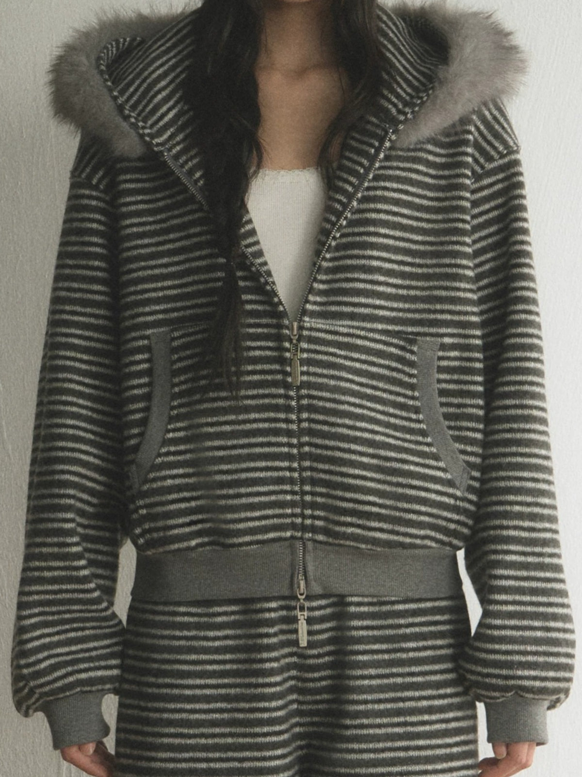 Striped Faux Fur Hooded Zip Cardigan