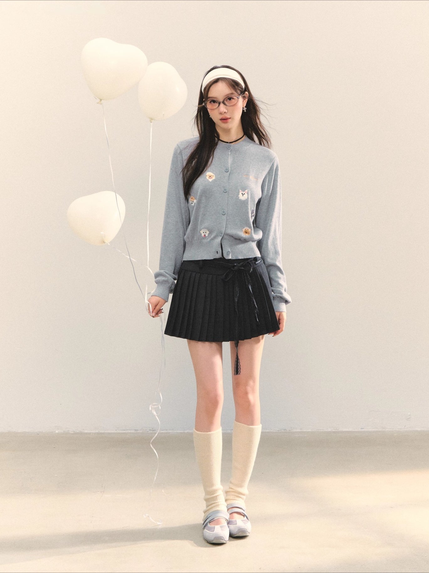 Gray & Apricot Puppy-Embroidered Knit Cardigan