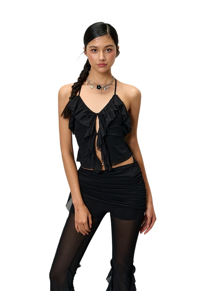 Black & White Ruffle V-Neck Tank & Sheer Pants Set