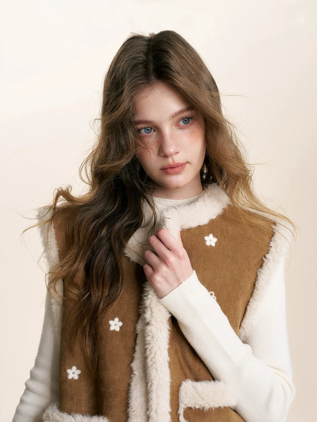 Brown Floral Shearling Vest