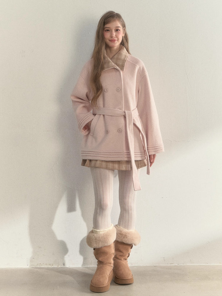 Plaid-Collar Double-Breasted Wool Coat