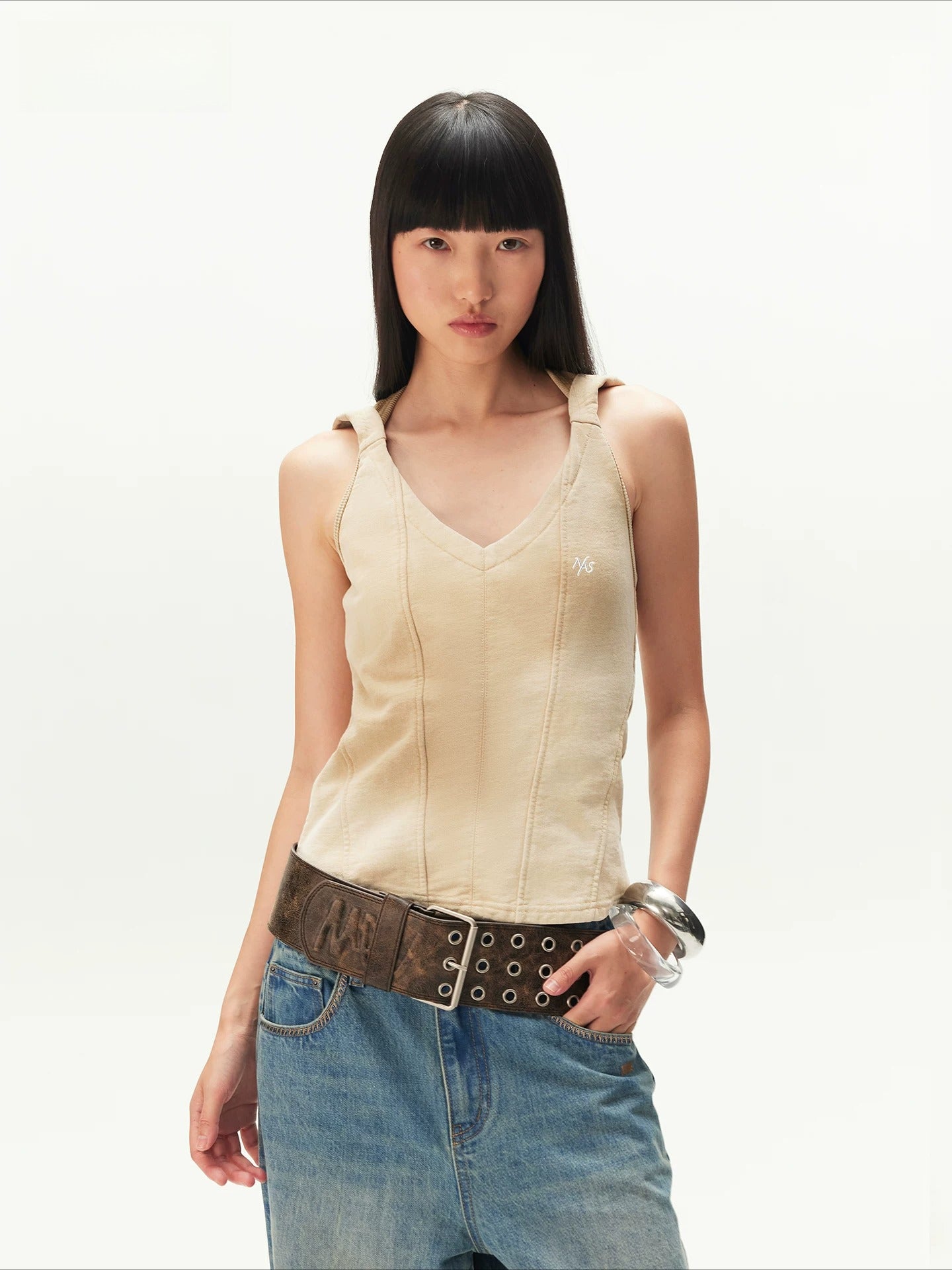 Hooded V-Neck Distressed Sleeveless Top