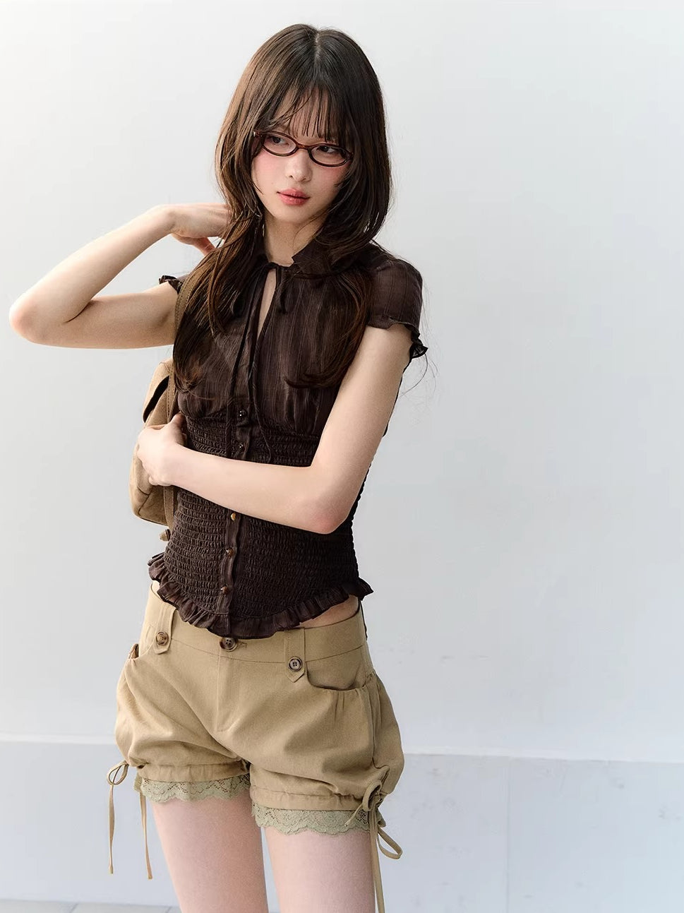 Blue & Brown Ruffle Tie Blouse