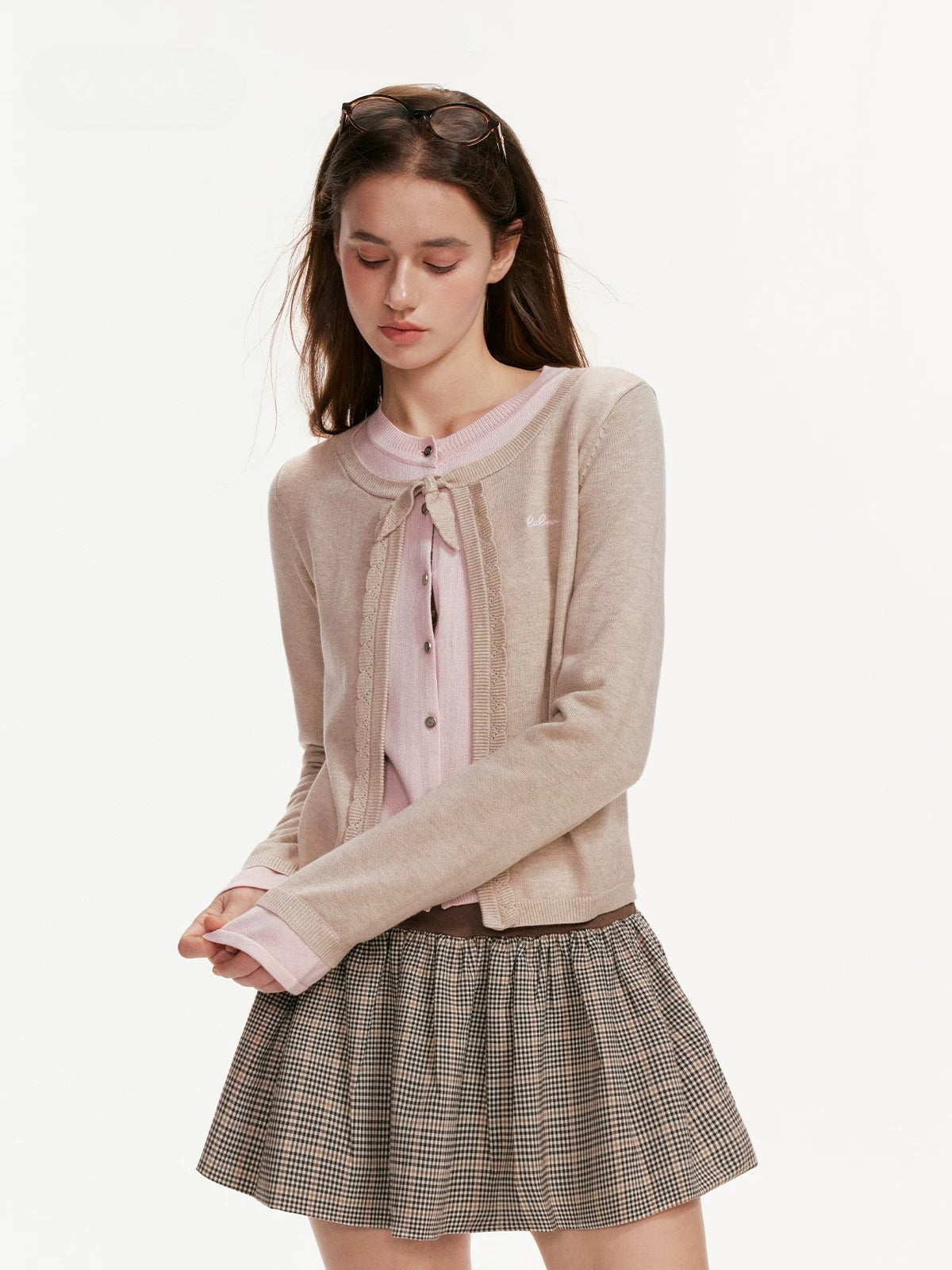 Contrast Layered Bow Knit Cardigan