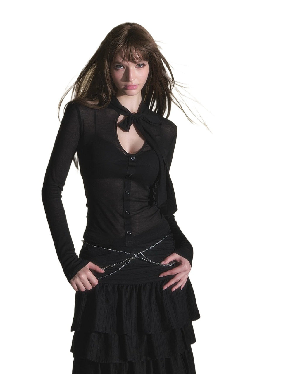 Black V-neck Tencel Wool Long Sleeve Tee