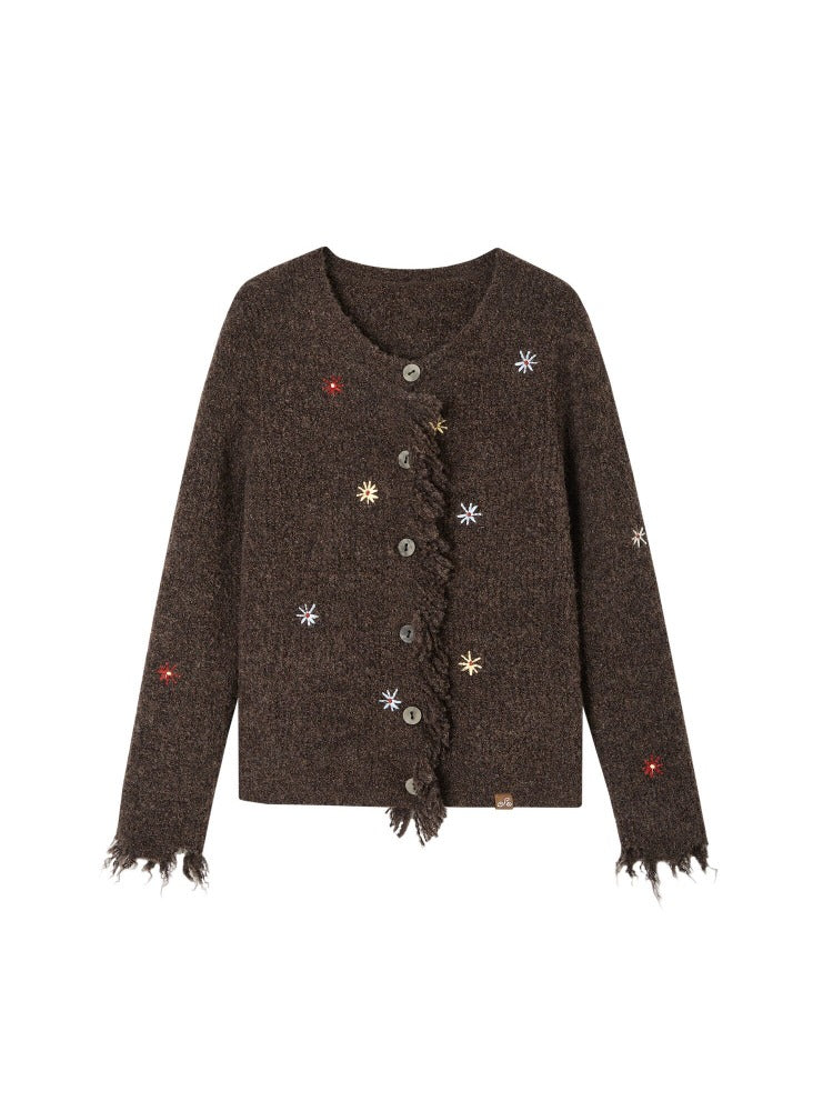 Brown Fringe Floral Cardigan
