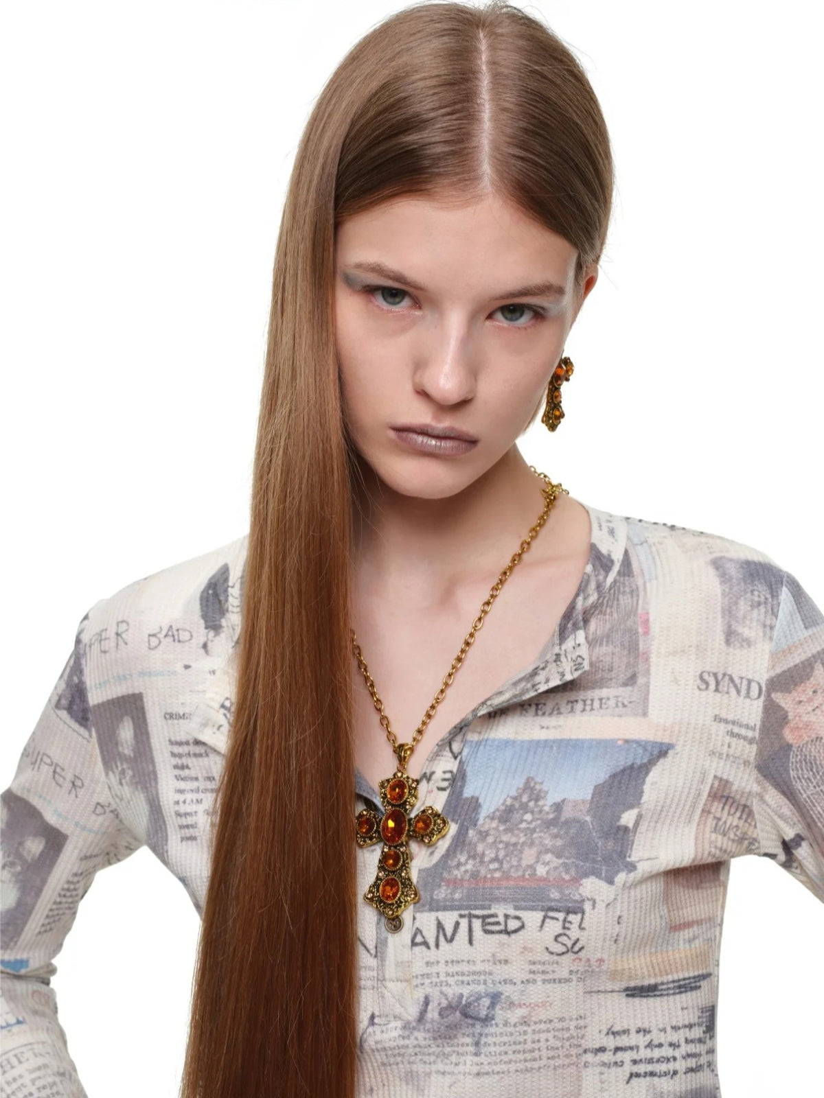 Cat Newspaper Print Henley Top