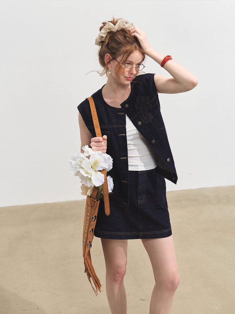 Layered Relaxed Denim Vest & Skirt Set