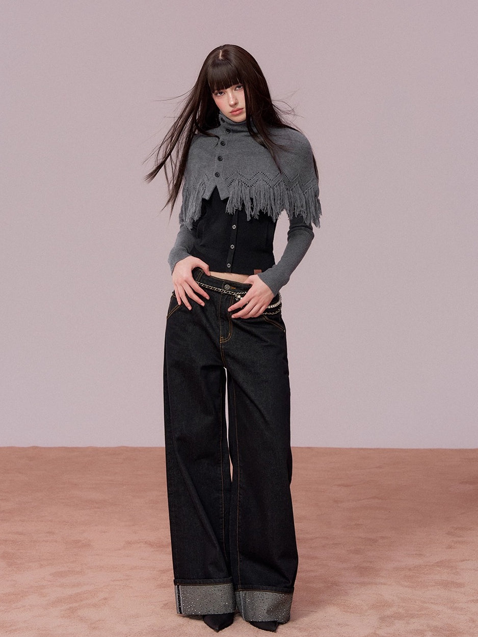 Rhinestone Cuffed Wide-Leg Denim Jeans